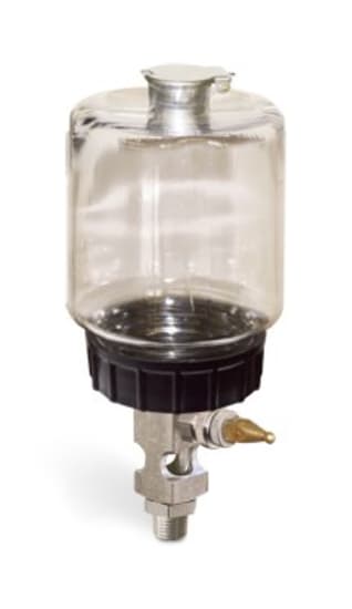 Oil-Rite manual lubricator with 568ml polycarbonate reservoir, featuring adjustable flow rate and durable aluminum body.