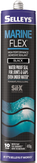 Black Selleys Marineflex Adhesive/Sealant 410g for marine and home use, waterproof, no primer, shock-absorbing, sandable finish.