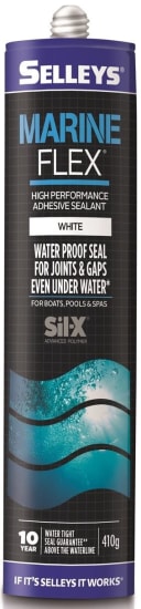 Selleys Marineflex white adhesive/sealant in a 410g tube, ideal for bonding in marine environments, safe and durable.