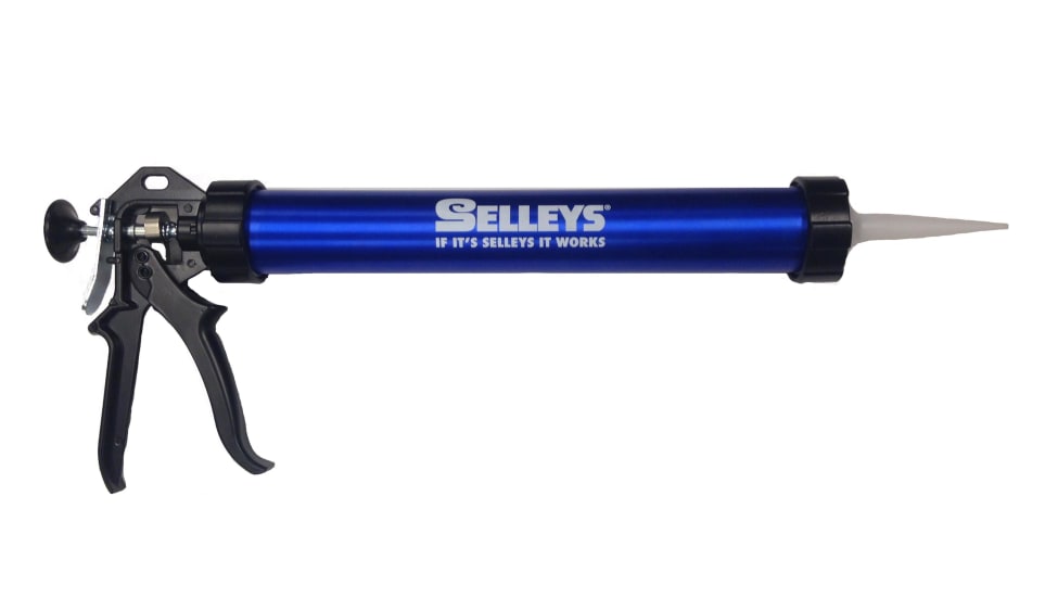 Selleys Multi Cartridge and Sausage Gun designed for efficient adhesive dispensing, accommodates 600mL cartridges with ergonomic features.