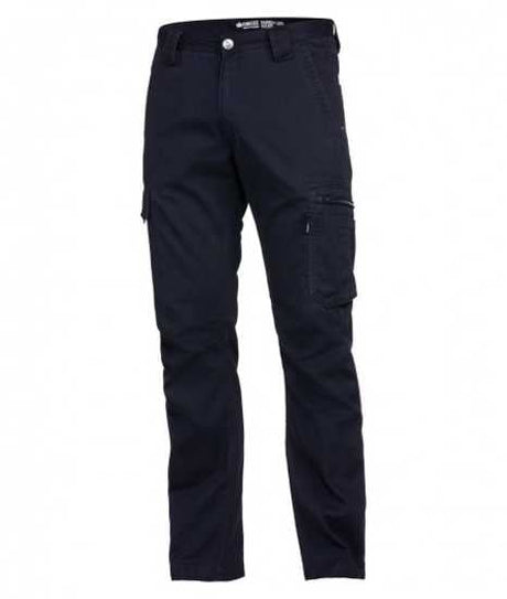 Black KingGee Lightweight Tradie Pants, size 112, featuring 12 pockets, cotton drill, and UPF 50+ protection for tradesmen.