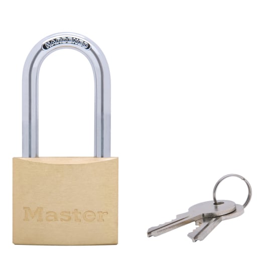 Master Lock 1902DLF 40mm solid brass padlock with hardened steel shackle for superior durability and security against tampering.