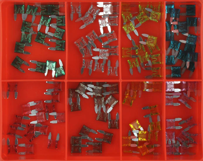 Color-coded Champion Mini Blade Fuse Assortment with 120 pieces, covering fuses from 2A to 30A for automotive and electronic use.