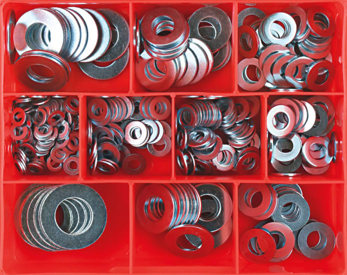 330-piece steel washer assortment with metric and imperial sizes for durability in automotive, plumbing, and construction tasks.