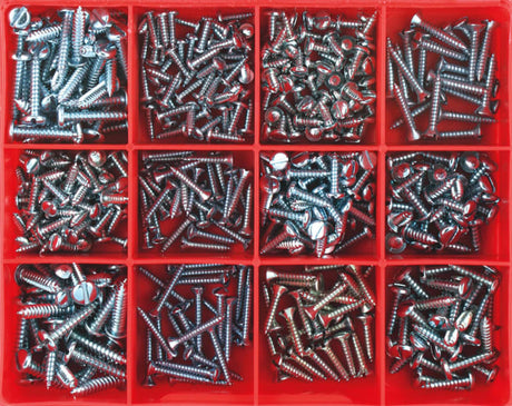 Champion 420-piece slotted self-tapping screw assortment for easy installation in wood, metal, and plastic projects.