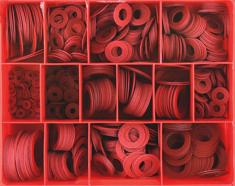 825-piece assortment of durable 1/32in fibre washers, ideal for plumbing, automotive, and HVAC projects.