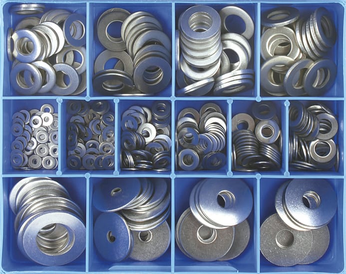 A comprehensive 385-piece assortment of durable stainless steel flat washers for various DIY and professional fastening applications.