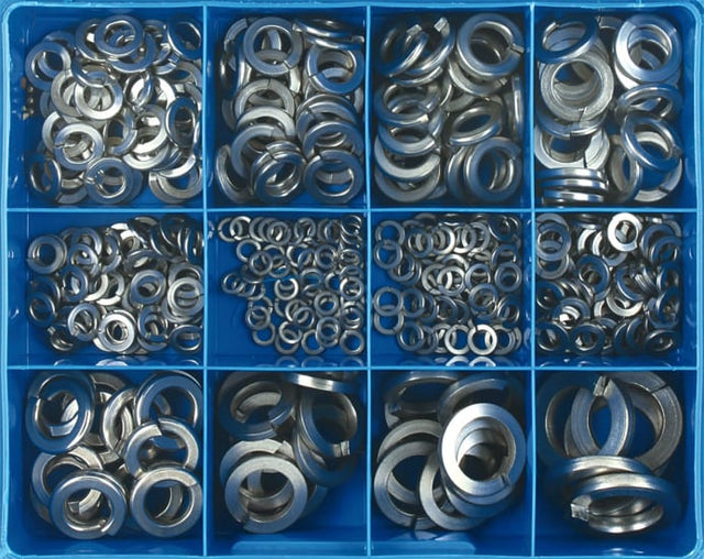 Premium stainless steel 304 spring washer assortment with 345 pieces for corrosion resistance and effective load distribution.