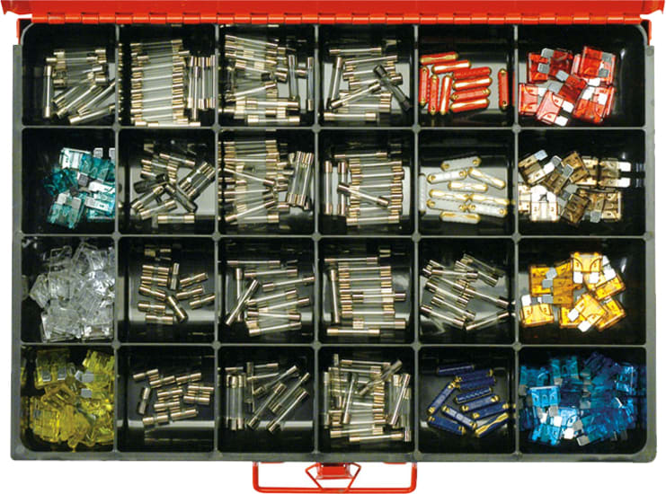 300-piece Champion Automotive Fuse Assortment for reliable car repairs, featuring various sizes and amperage ratings.