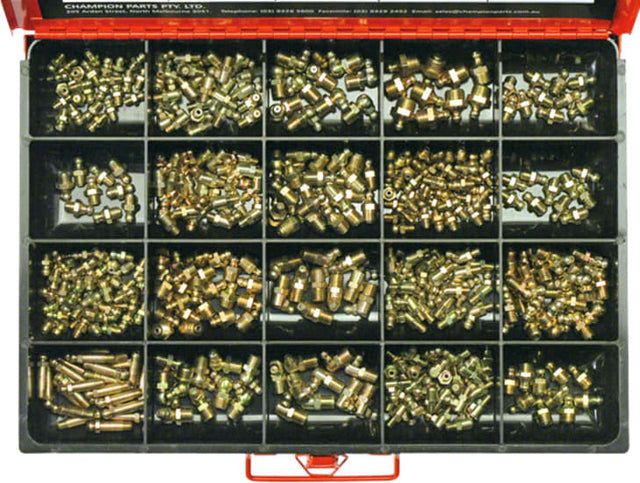 Assorted 415 metric and imperial grease nipples for efficient machinery maintenance and lubrication needs.