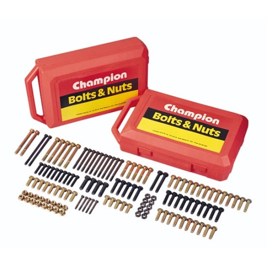 600-piece Champion Case featuring organized UNC/UNF bolts, set screws, and nuts for reliable fastening in various applications.