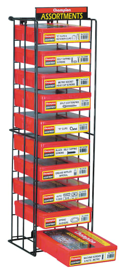 10-tier Champion Wire Rack for versatile storage, perfect for organizing kits; can be wall-mounted or free-standing.