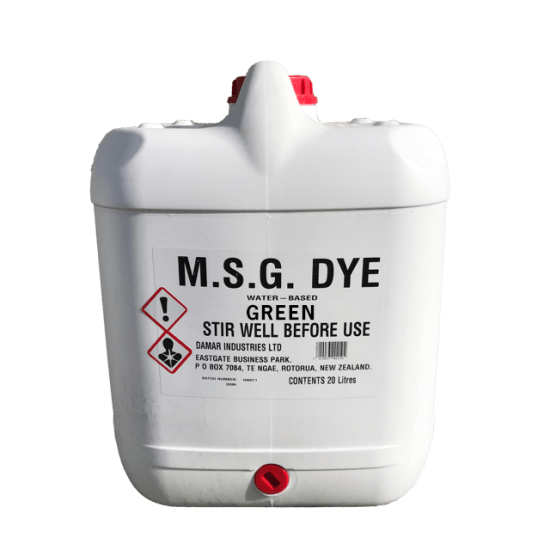 20 litre container of Damar Green MSG Dye, a fast-drying, durable water-based dye for timber grading and identification.