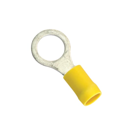 Yellow ring terminals in a 5-pack for secure electrical connections, ideal for automotive, marine, and home wiring projects.