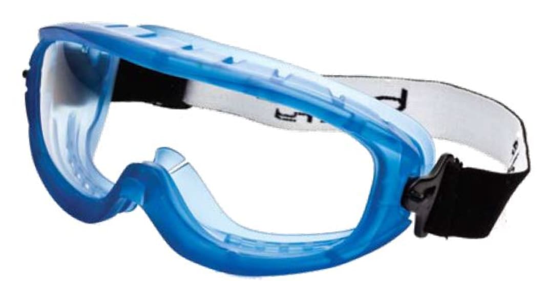 Atom Blue TPR goggles with a lightweight frame, polycarbonate lens, fog-resistant coating, and adjustable strap for protection.