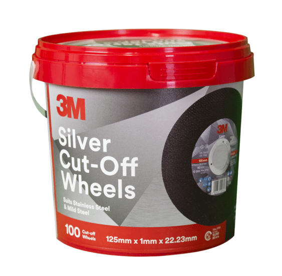 3M Silver Cut-Off Wheels bucket with 100 wheels, 125mm diameter, ideal for efficient metal cutting without discoloration.