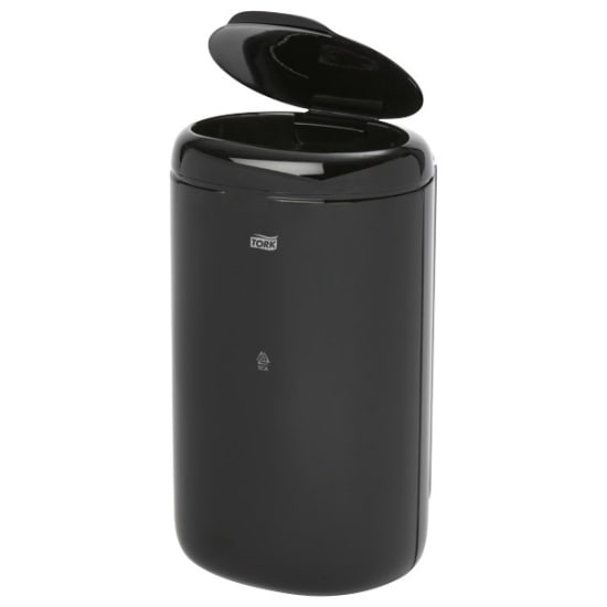 Compact Tork B3 black plastic rubbish bin, 5L, designed for tight spaces in bathrooms, kitchens, or offices.