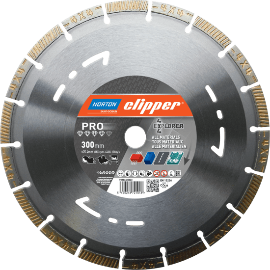 300 x 25.4mm Explorer Pro Diamond Cutting Blade for cutting granite, concrete, asphalt, and steel with precision and durability.