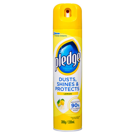 Pledge Aerosol Lemon 330ml for furniture polishing, removes dust, leaves a fresh scent, and ensures a streak-free shine.