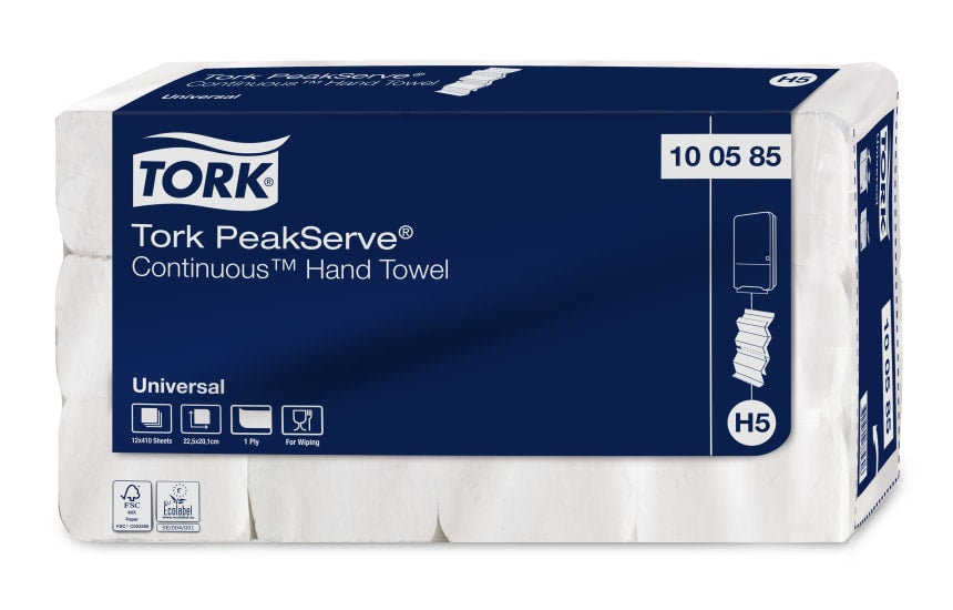 Tork H5 PeakServe Continuous Paper Towels - 410 sheets/pack, eco-friendly, efficient for high-traffic commercial restrooms.