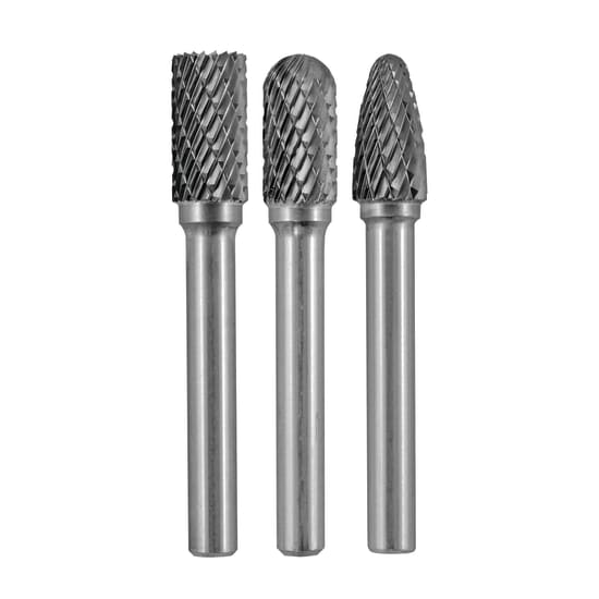 High-quality 3-piece Holemaker Carbide Burr Set for precision machining on ferrous metals with double cut geometry.