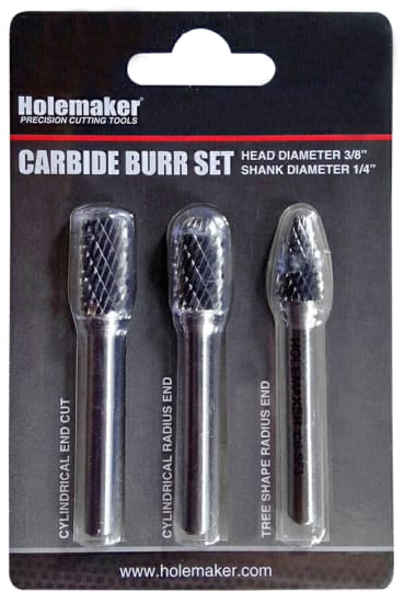 3-piece Holemaker Carbide Burr Set featuring double cut burrs for precision machining and smooth metal finish.