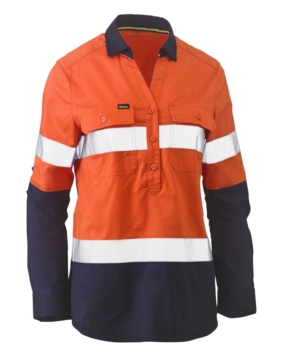 Bisley, Women's Hi Vis Stretch V-Neck Shirt - Orange/Navy - 24