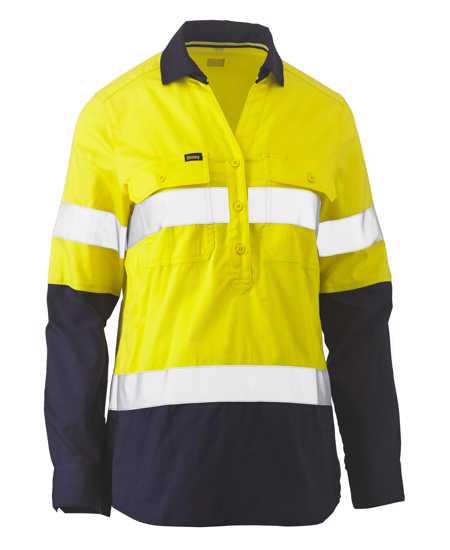 Hi-vis yellow/navy women's stretch V-neck shirt with reflective tape, two chest pockets, and breathable fabric for comfort.