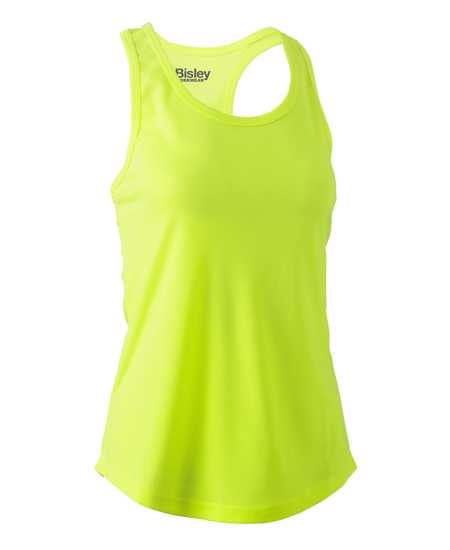 Yellow women's racer back singlet by Bisley, lightweight mesh, size 12, ideal for active wear with odor resistance.
