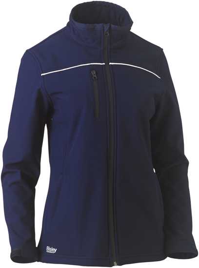 Navy women's soft shell jacket in size 8, features waterproof fabric, fleece lining, and adjustable cuffs for comfort and mobility.