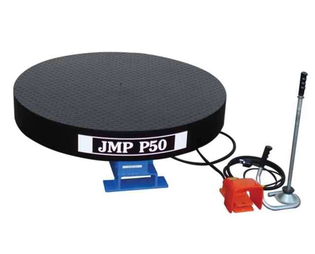 Foot-powered JMP P50 Turntable Stretch Wrapper with 1500kg capacity, ideal for efficient pallet wrapping at small to medium businesses.