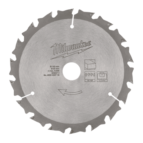 Milwaukee 140mm M12 circular saw blade with 18 carbide teeth for durable, precise, and efficient cutting in various materials.