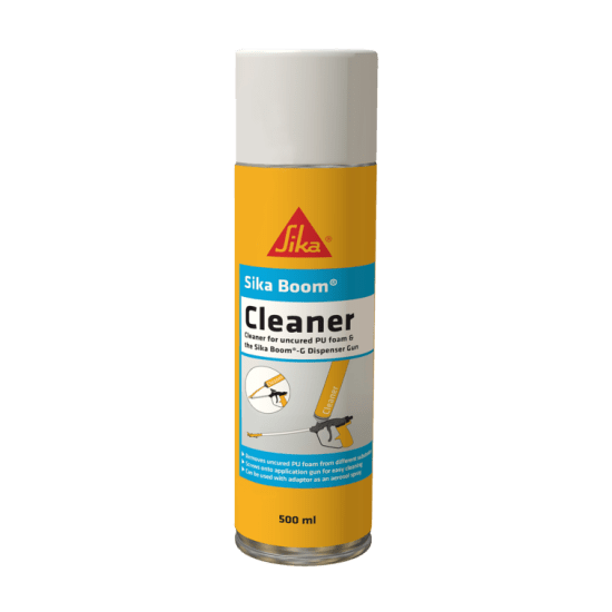 Sika Boom Cleaner 500ml, a powerful PU foam cleaner with an integral valve for precise application, ideal for cleaning equipment and surfaces.