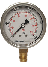 Gauges Pressure SS- 1/4" BSP-Bottom 0-1000 kPa