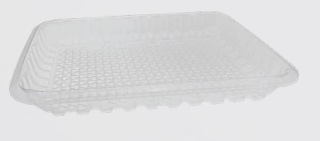 Clear rPET Gen 2 Moisturelock trays for meat, 255x210x30mm, eco-friendly, liquid-retaining, fully recyclable, 360-pack.