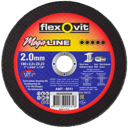 Flexovit Mega Inox Type 41 Cut-Off Wheel 46 Grit 180x2x22.23mm (Each)