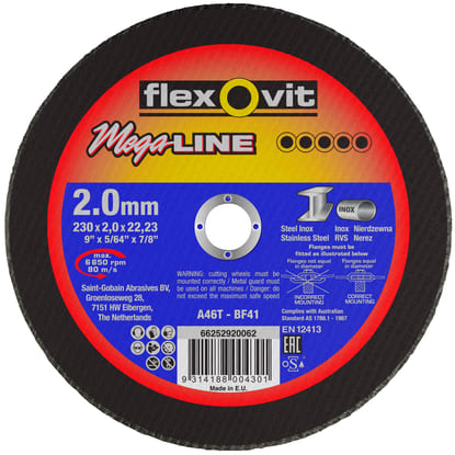 Flexovit Mega Inox Type 41 Cut-Off Wheel 46 Grit 230x2x22.23mm (Each)