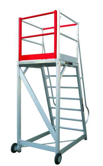 Heavy-duty 5-step maintenance platform with guardrails, non-slip deck, and wheels for safe, easy access across various terrains.