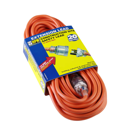 HPM 20 Extra Heavy Duty Construction Lead 15A with robust 3 x 1.5mm cable, clear plug, and wide earth terminal for safety.