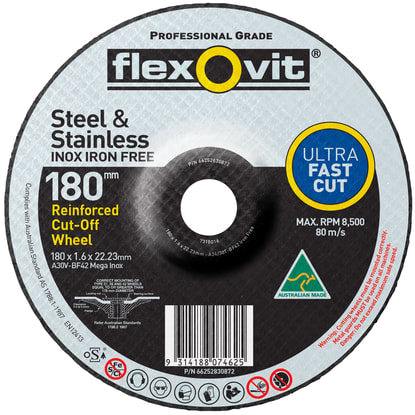 Flexovit Mega Inox Type 42 Cut-Off Wheel 30 Grit 180x1.6x22.23mm (Each)