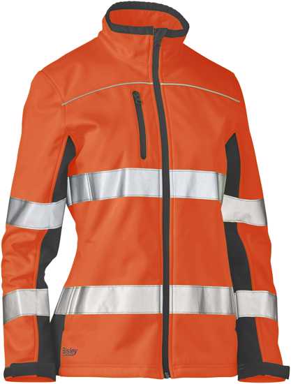 Hi-visibility orange and navy women's soft shell jacket featuring waterproofing, breathable ventilation, and zippered pockets.