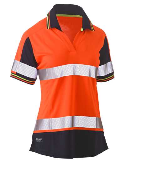 Hi Vis short sleeve women's polo in vibrant orange and navy with reflective tape, breathable fabric, and flattering v-neck design.