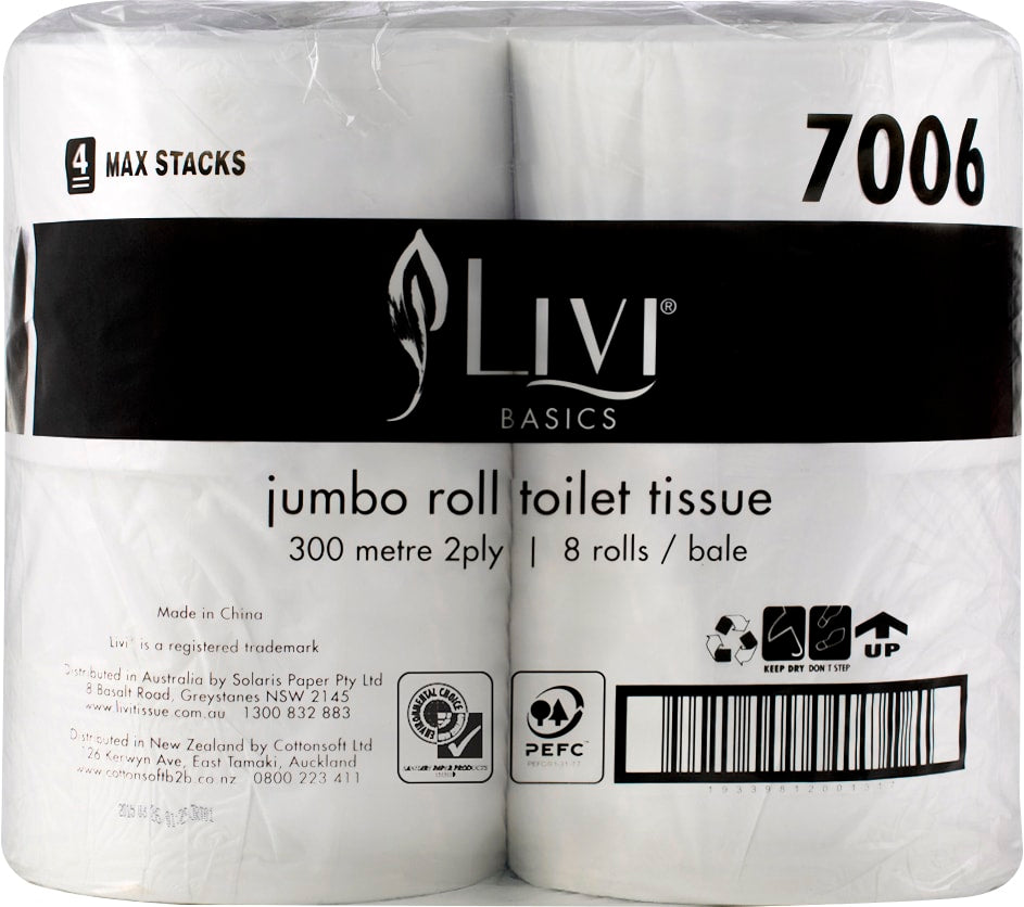 2 Ply Toilet Paper Jumbo Roll 300 Metres (Carton of 8) - Livi Everyday