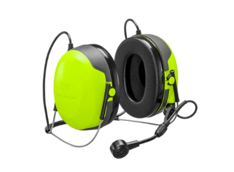 3M Peltor MT74H52B-110 CH-3 FLX2 Neckband Headset, bright yellow with slim design, offers hearing protection and communication in noisy settings.
