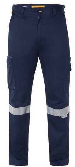 Navy cargo pants with reflective tape, breathable vents, and multiple pockets, designed for comfort and functionality at work.