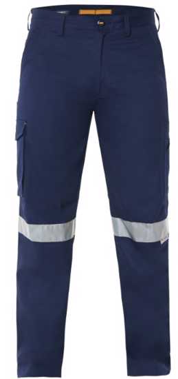 Durable navy cotton cargo pants with reflective tape and multiple pockets, designed for comfort and high visibility workwear.