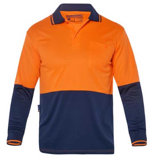 Hi-vis orange/navy micromesh polo shirt for safety and comfort, durable with a chest pocket, available in 2XL size.