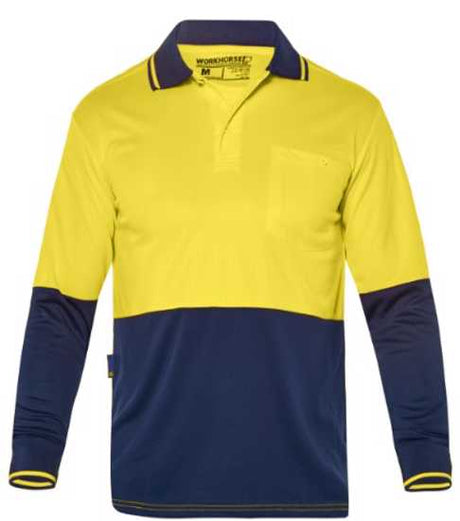 High-visibility yellow/navy polo in 4XL, breathable micromesh, features chest pocket, double-stitched for durability.