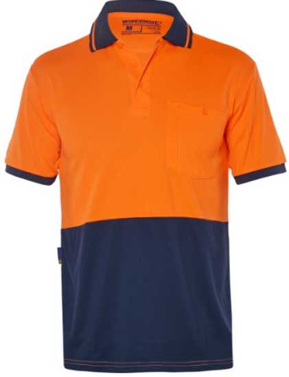 Workhorse Hi Vis Micromesh Polo in Orange/Navy, size L, lightweight, breathable with chest pocket and compliant safety features.