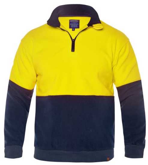 Hi-vis yellow and navy fleece pullover, size 5XL, with zip neck, ribbed cuffs, pockets, and UPF 50+ sun protection.